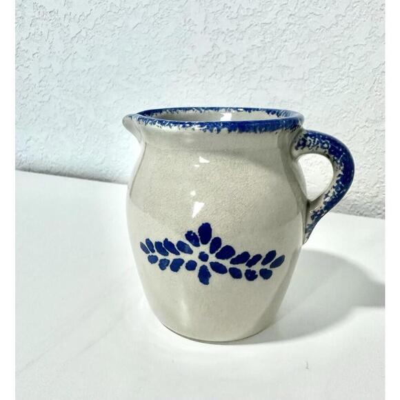 Other - Vintage Loomco Creamer Pitcher with Handle Stoneware Tan with Blue Floral Design